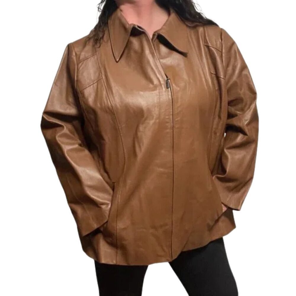 Maggie Barnes 100% Leather Jacket Women's 3X Camel Full Zip Washable Minimalist